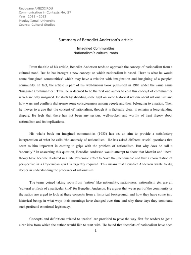 18 Imagined Communities by Benedict Anderson Summary
