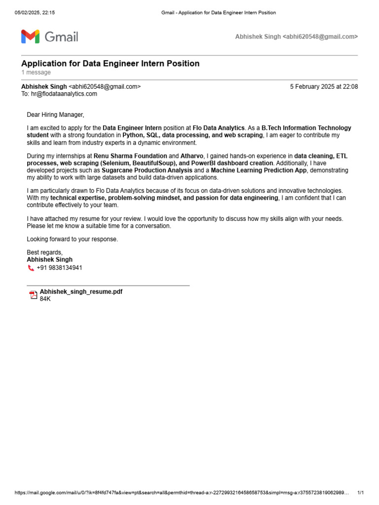 Gmail - Application For Data Engineer Intern Position | PDF