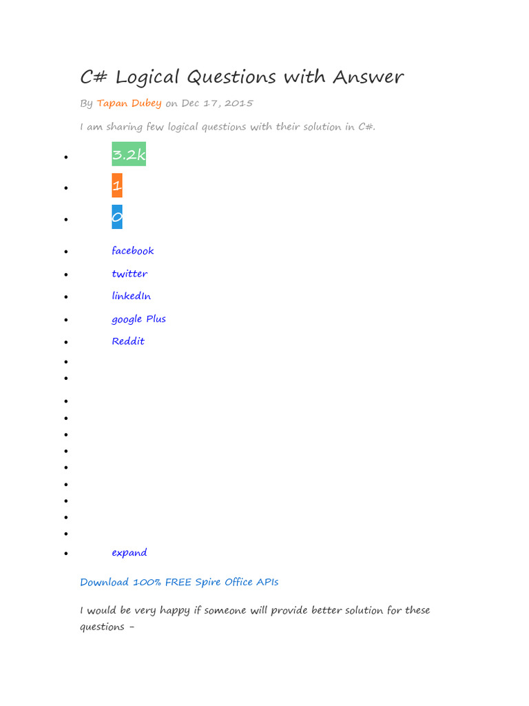 Logical Question C# | PDF | C Sharp (Programming Language) | Computer ...
