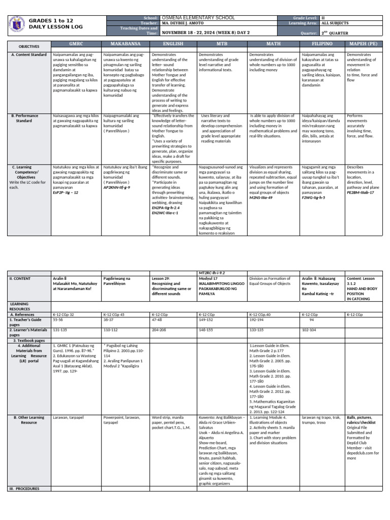 Grade 2 Daily Lesson Log: Week 8 | PDF | Human Communication