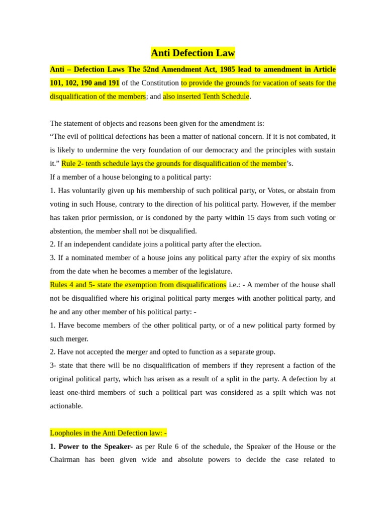 Overview of Anti-Defection Law | PDF | Political Charters | Government