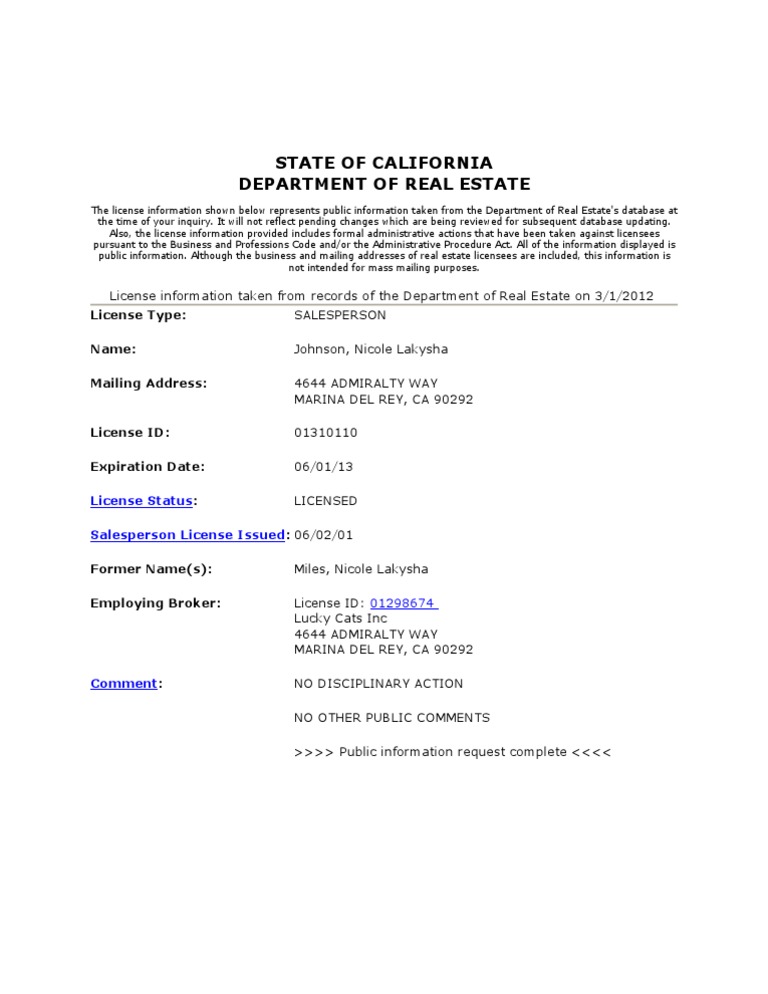 California Real Estate License Info: Johnson | PDF