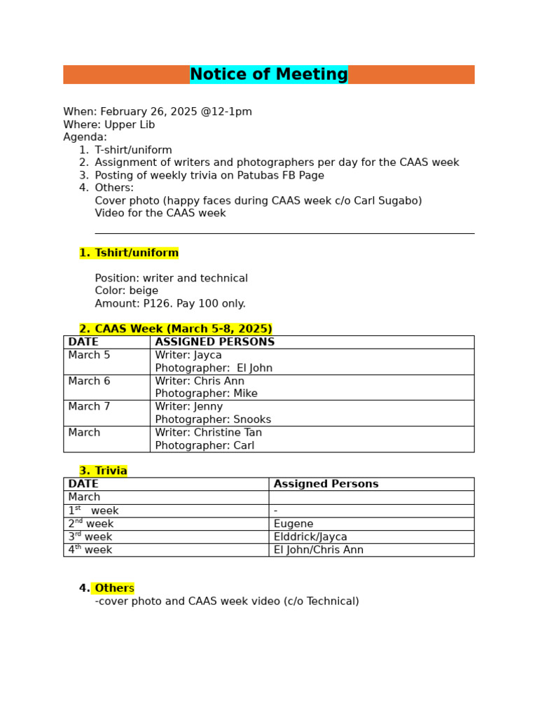 CAAS Week Meeting Agenda 2025 | PDF