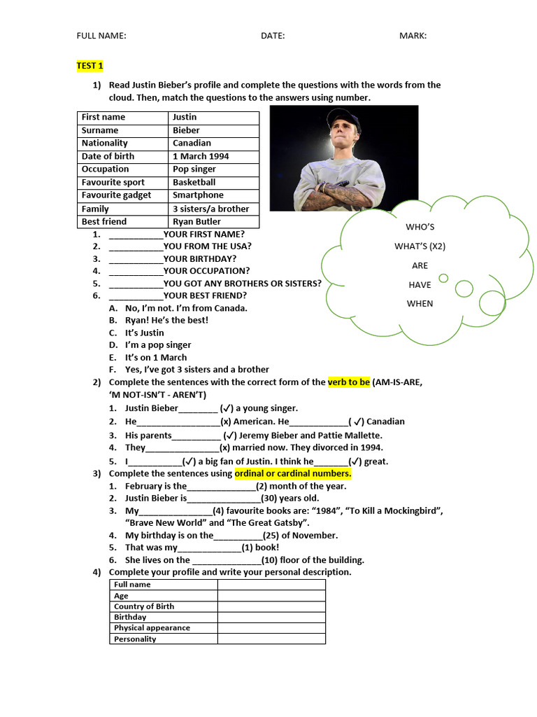 Test 1 Justin Bieber | PDF