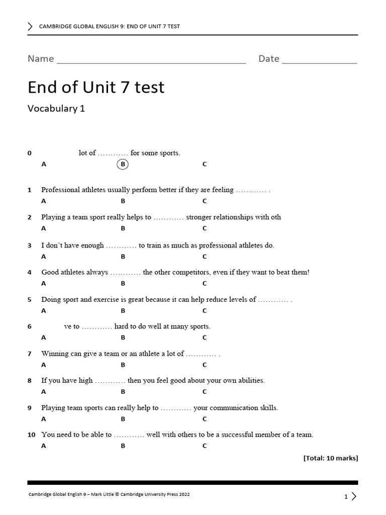 Cambridge Global English 9 Unit 7 Test | PDF | English Language | Syntax
