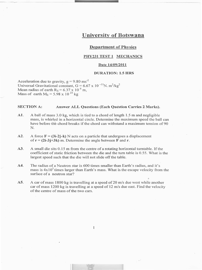 PHY 231 Past Test 1 Solutions | PDF
