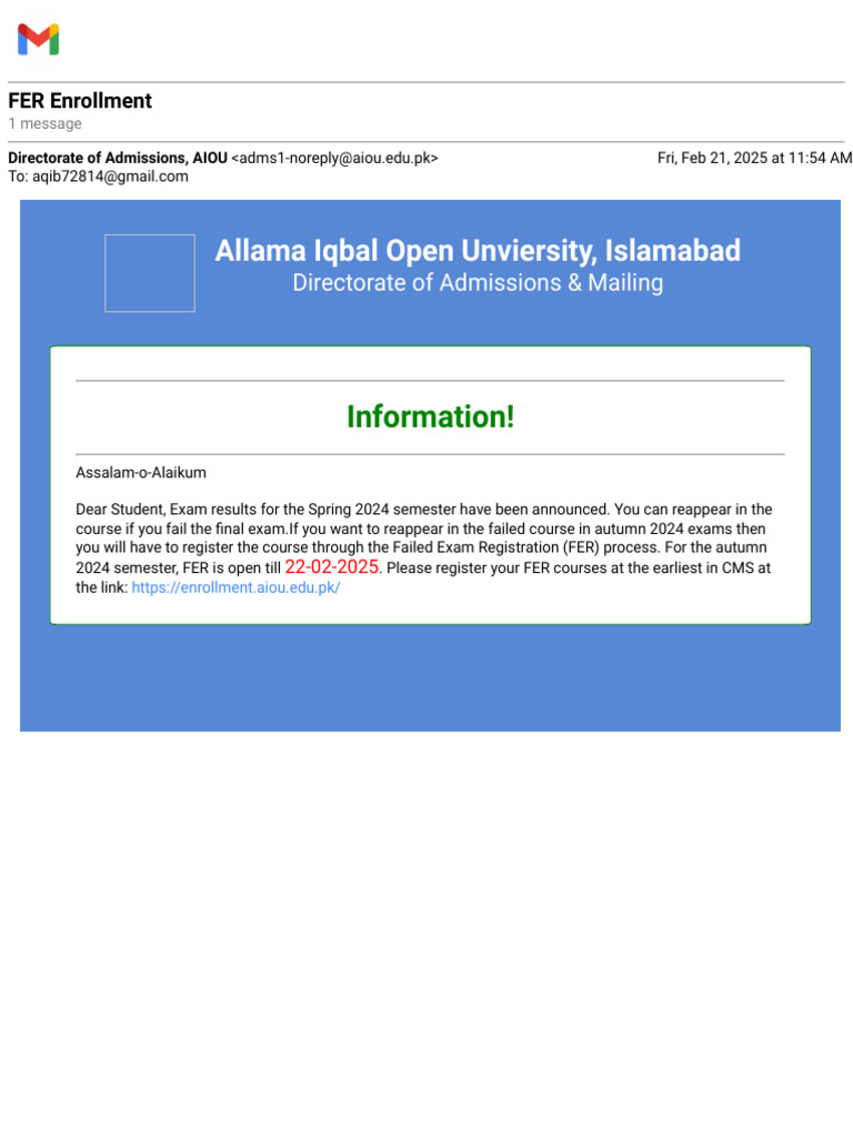 FER Registration Deadline for AIOU | PDF
