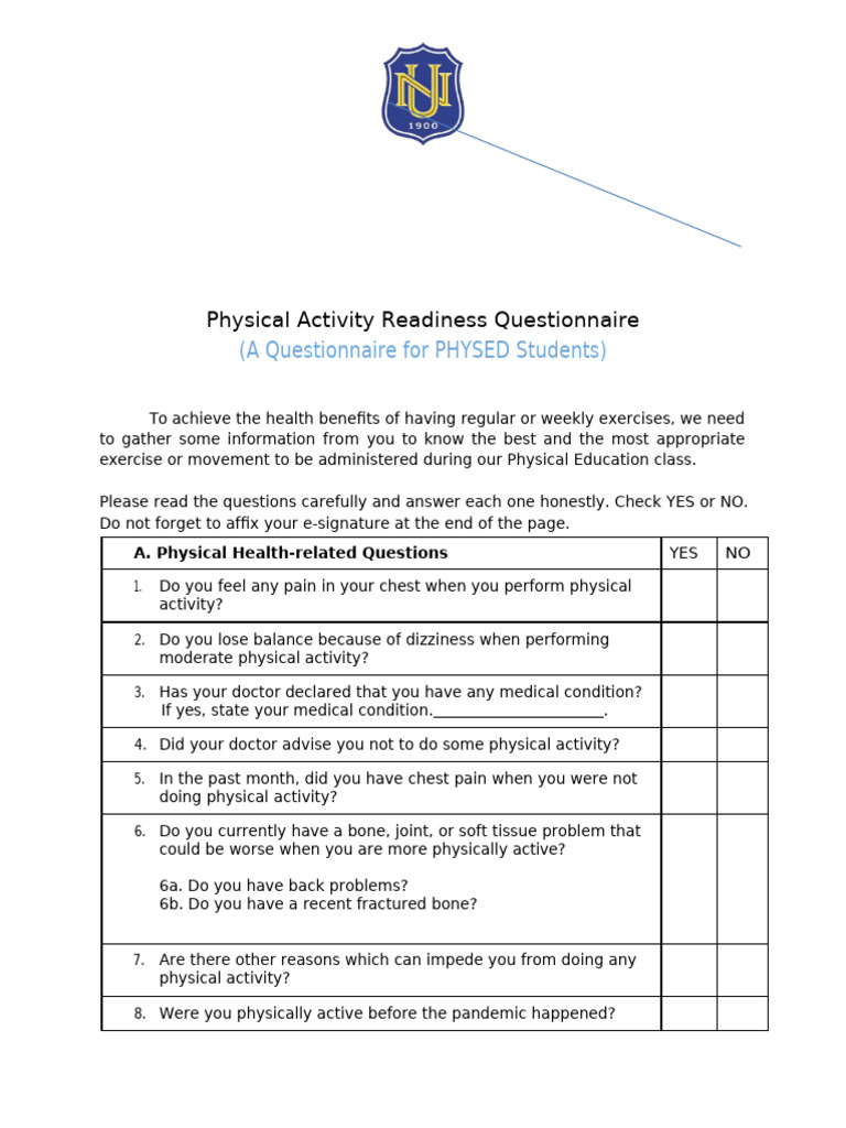 Physical Activity Readiness Questionnaire | PDF | Diseases And Disorders