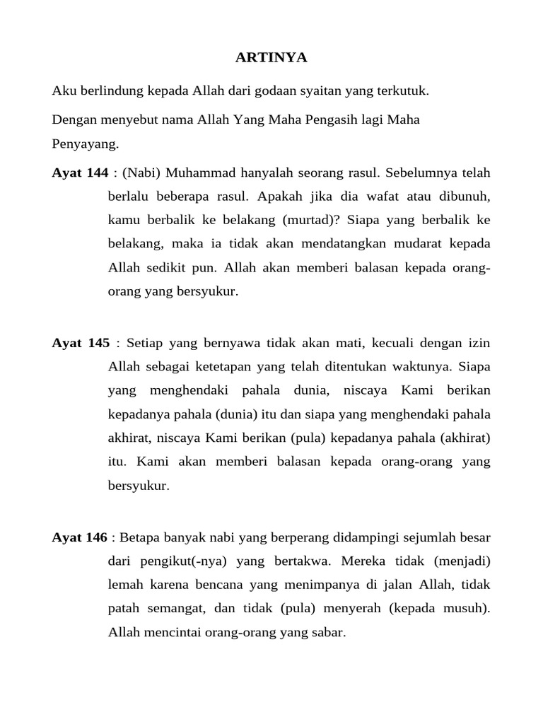 Arti Surah Ali Imran Ayat 144-146 | PDF