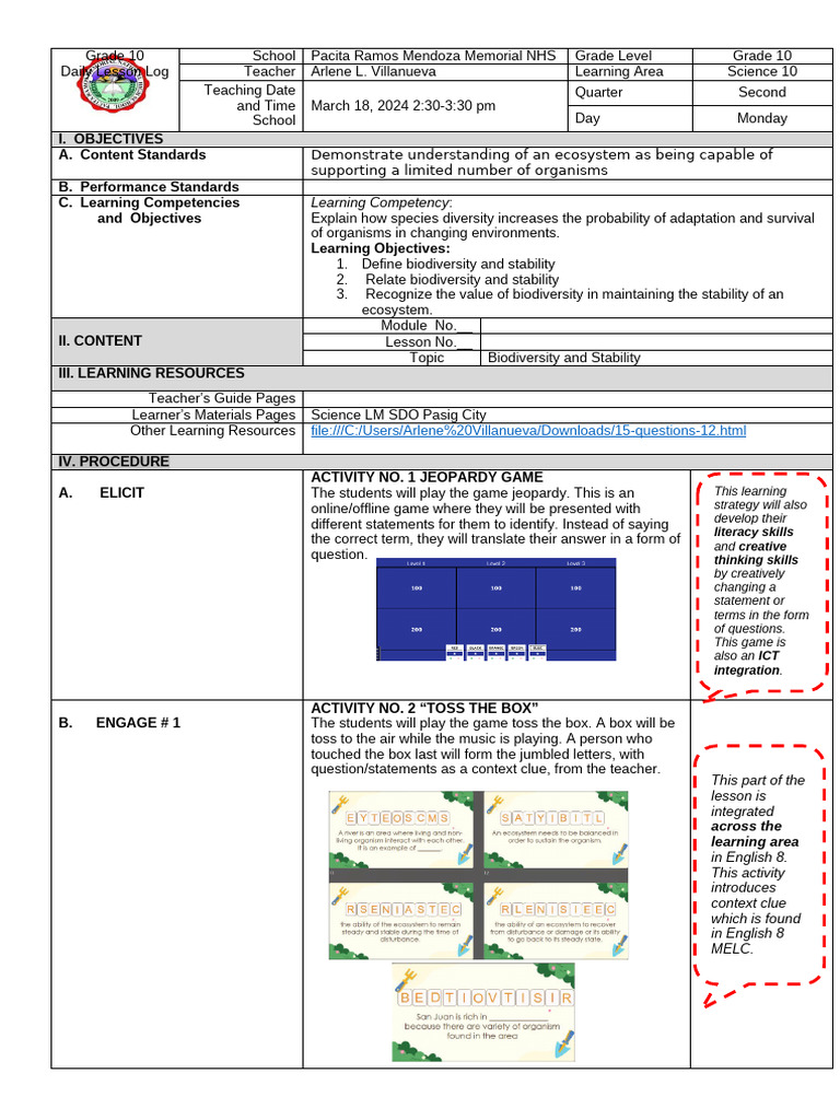 Grade 10 Science: Biodiversity Lesson Plan | PDF | Biodiversity | Ecosystem