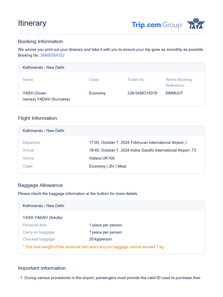 Kathmandu to New Delhi Flight Itinerary | PDF