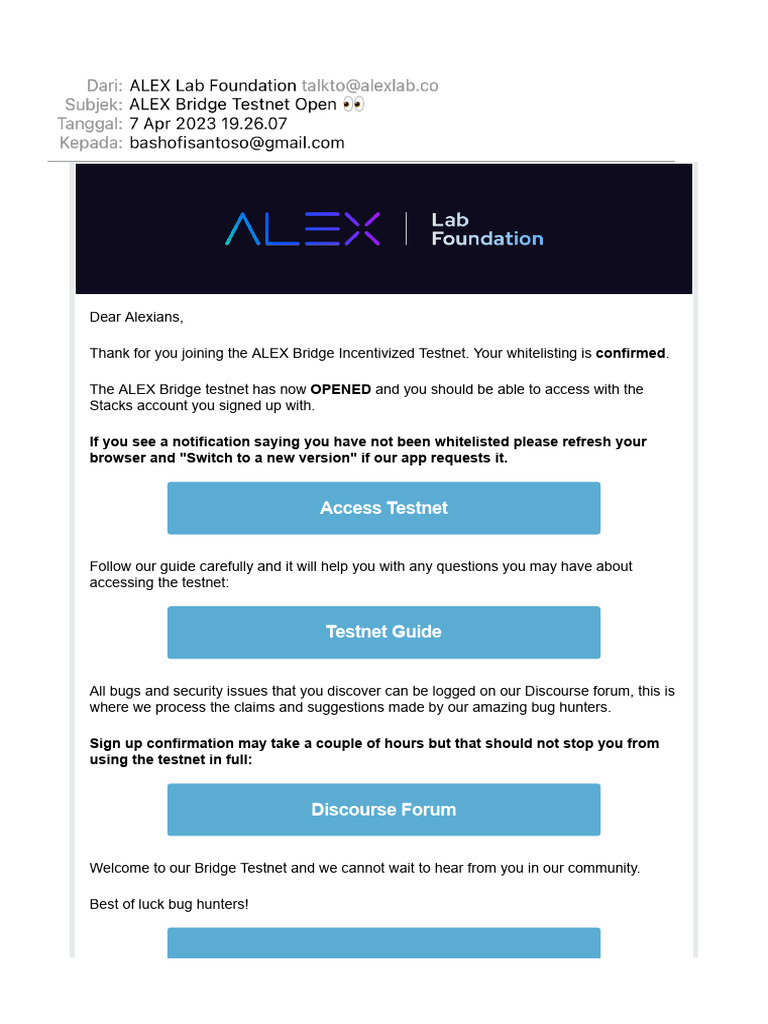 ALEX Bridge Testnet Access Confirmation | PDF