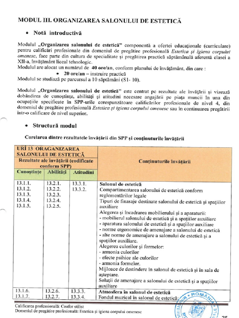 Programa Scolară M3, Organizarea Salonului de Estetică | PDF