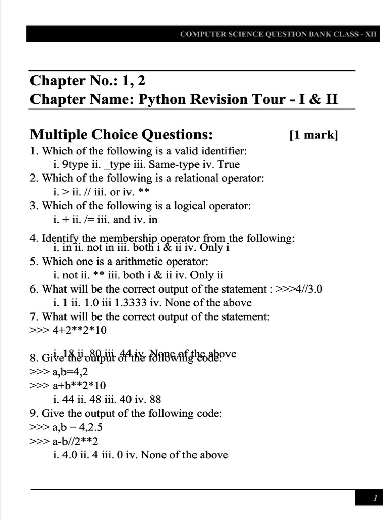Class XII Computer Science MCQs | PDF | Control Flow | Python ...