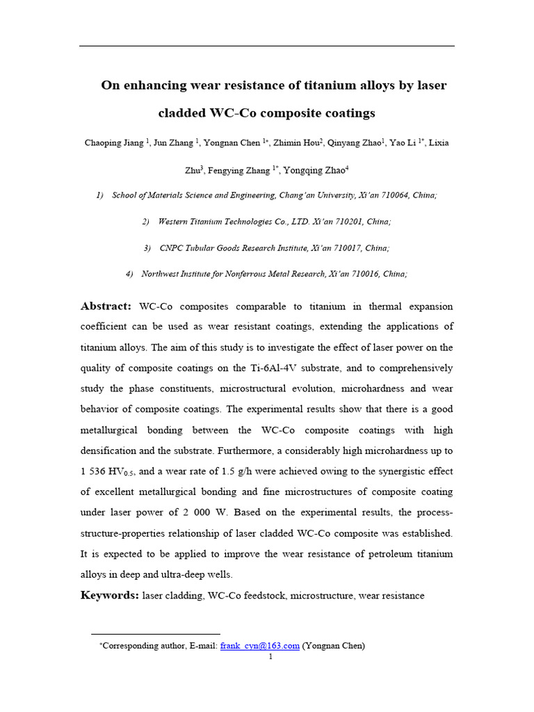 On Enhancing Wear Resistance of Titanium Alloys by Laser Cladded WC-Co ...