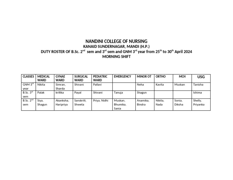 Nursing Duty Roster: April 2024 | PDF