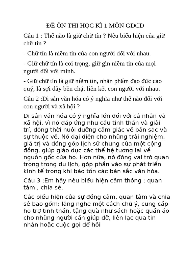 ĐỀ ÔN THI HỌC KÌ 1 MÔN GDCD | PDF