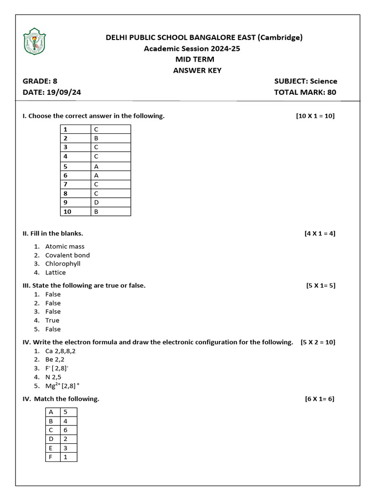 Grade 8 Science Mid-Term Answer Key | PDF | Chemical Bond | Ion