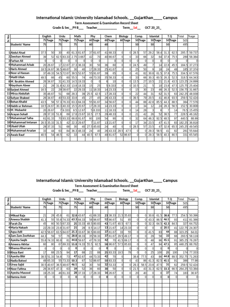 Term Assessment Record for P9 B Students | PDF