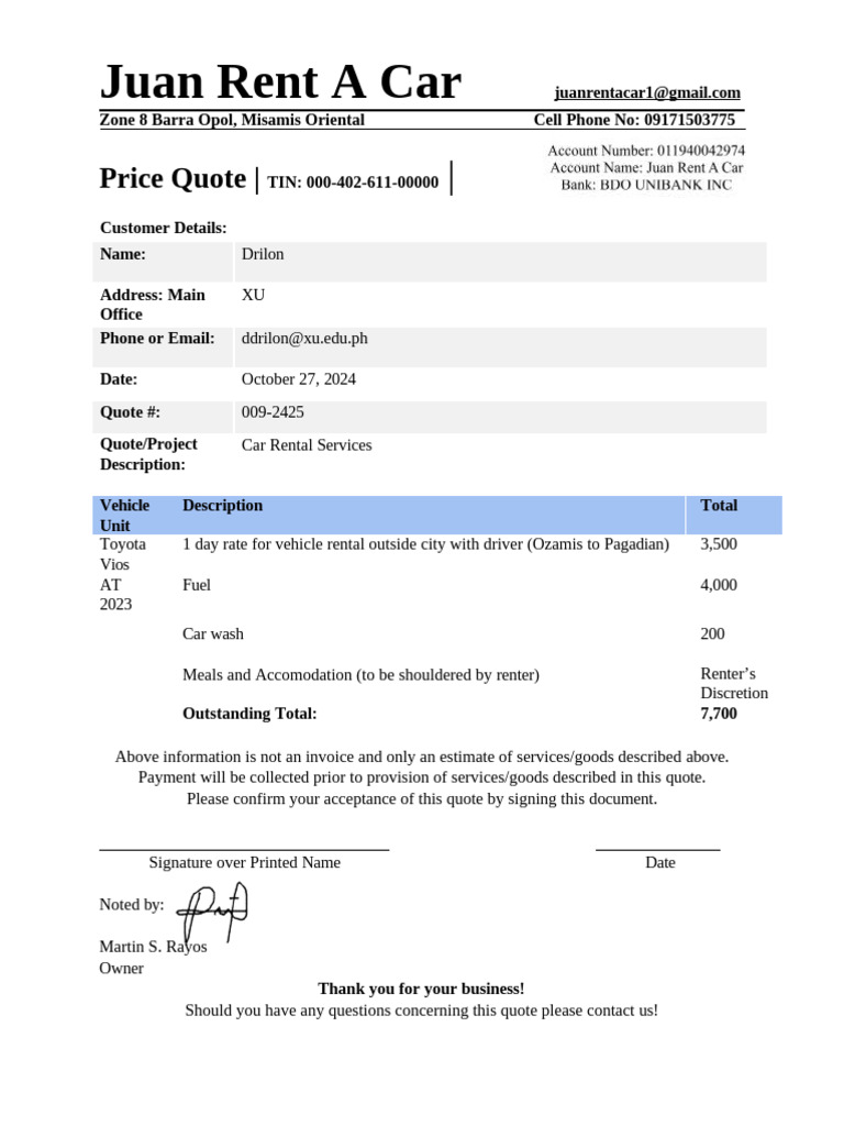 Price Quote Juan Rent A Car - Ddrilon | PDF