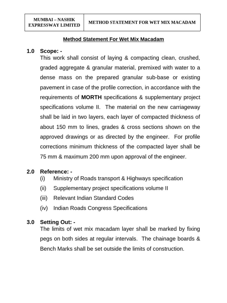 Wet Mix Macadam Method Statement | PDF | Road Surface | Road