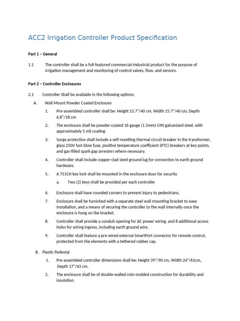 ACC2 Irrigation Controller Specs | PDF | Electrical Wiring | Fuse ...