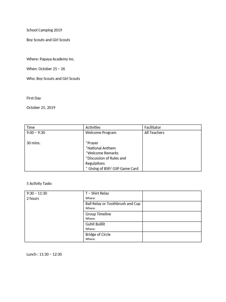 School Camping Event 2019 Schedule | PDF