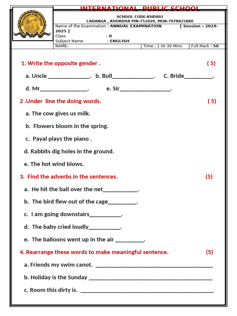 Class 2 English Exam Paper 2024-2025 | PDF