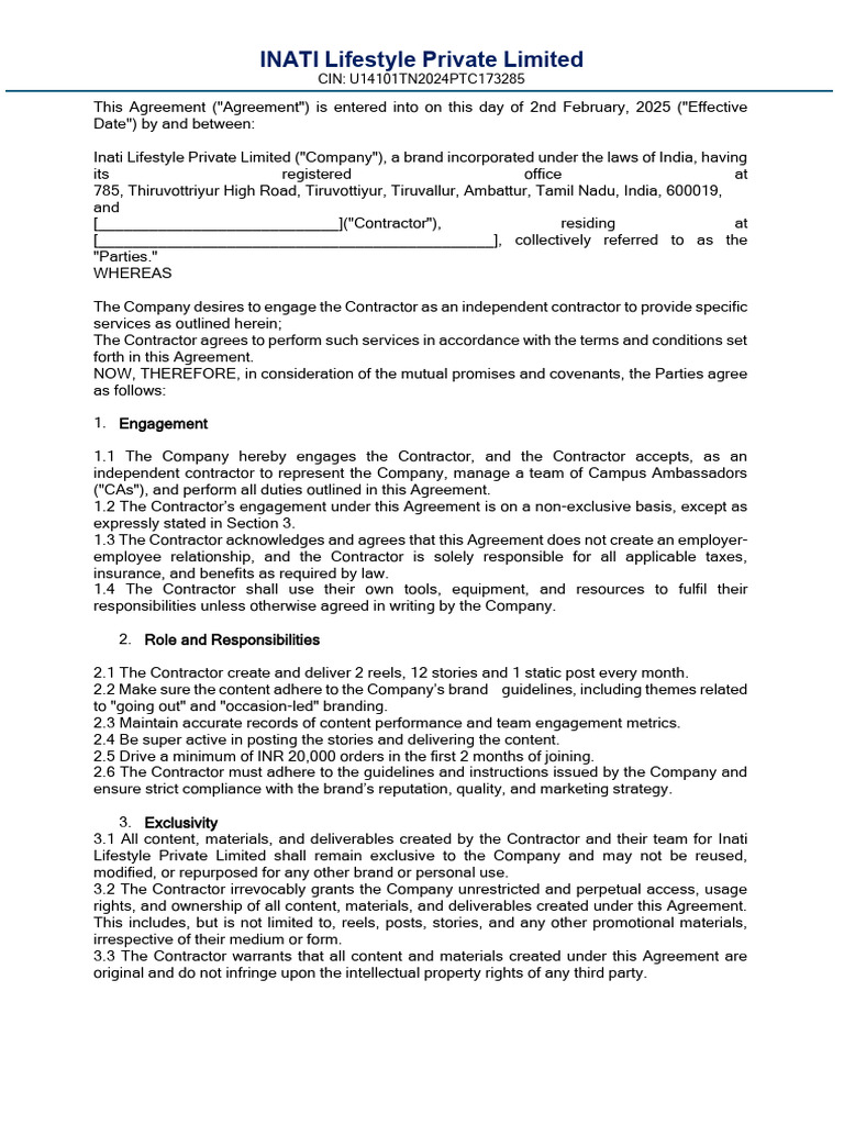 Contractor Agreement with Inati Lifestyle | PDF | Indemnity | Business
