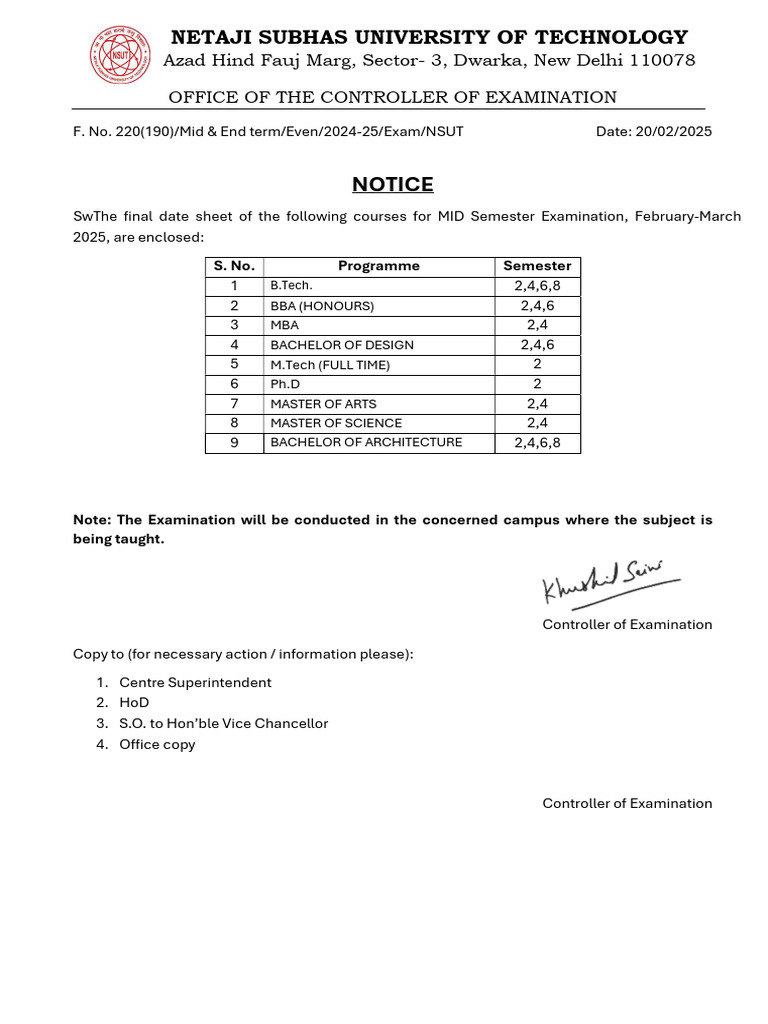 NSUT 2025 Mid Semester Exam Schedule | PDF | Artificial Intelligence ...