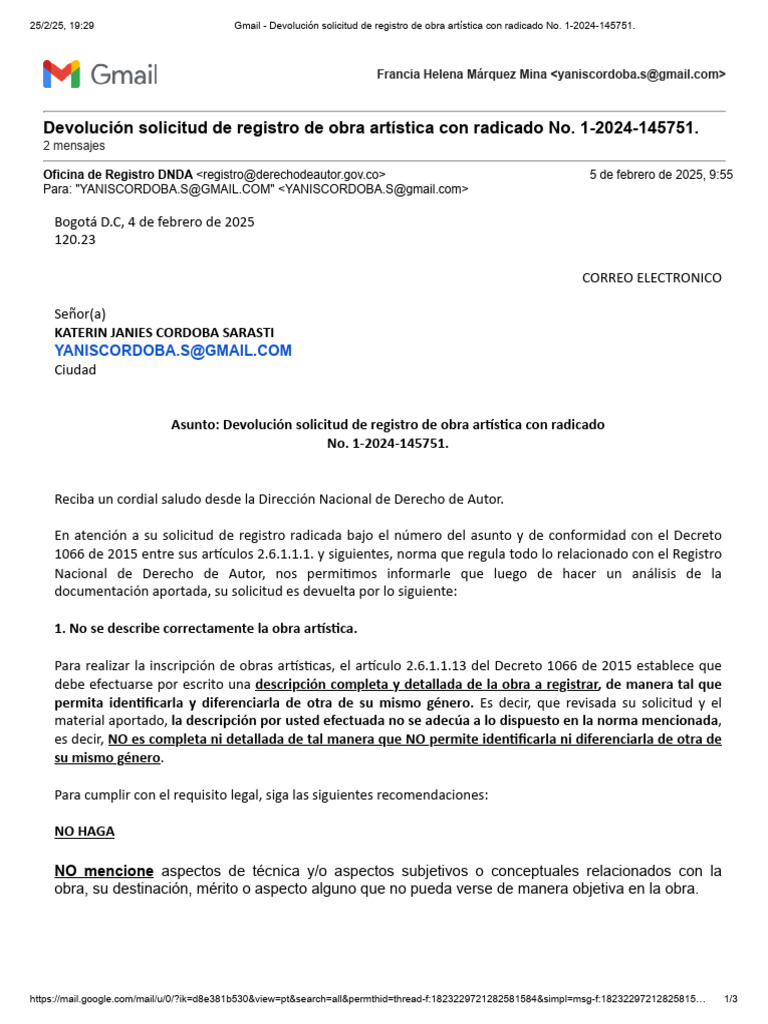gmail-devoluci-n-solicitud-de-registro-de-obra-art-stica-con-radicado