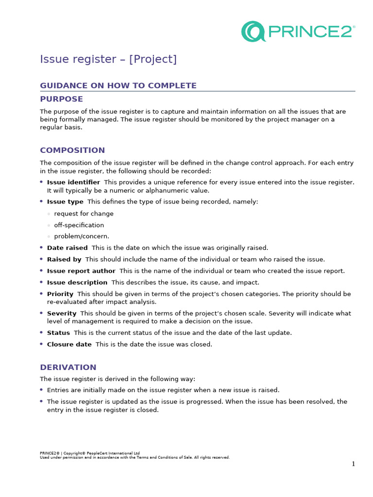 PRINCE2 6th Edition Issue Register Template Example | PDF | Business ...