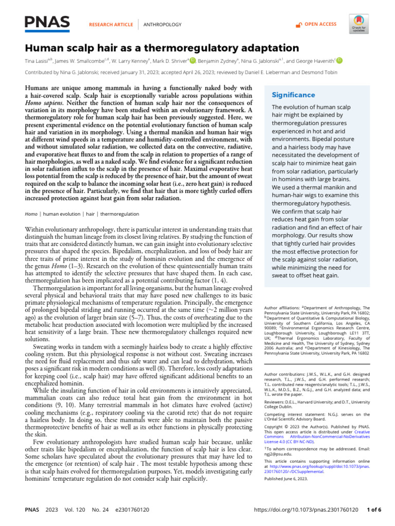 Lasisi Et Al 2023 Human Scalp Hair As A Thermoregulatory Adaptation ...