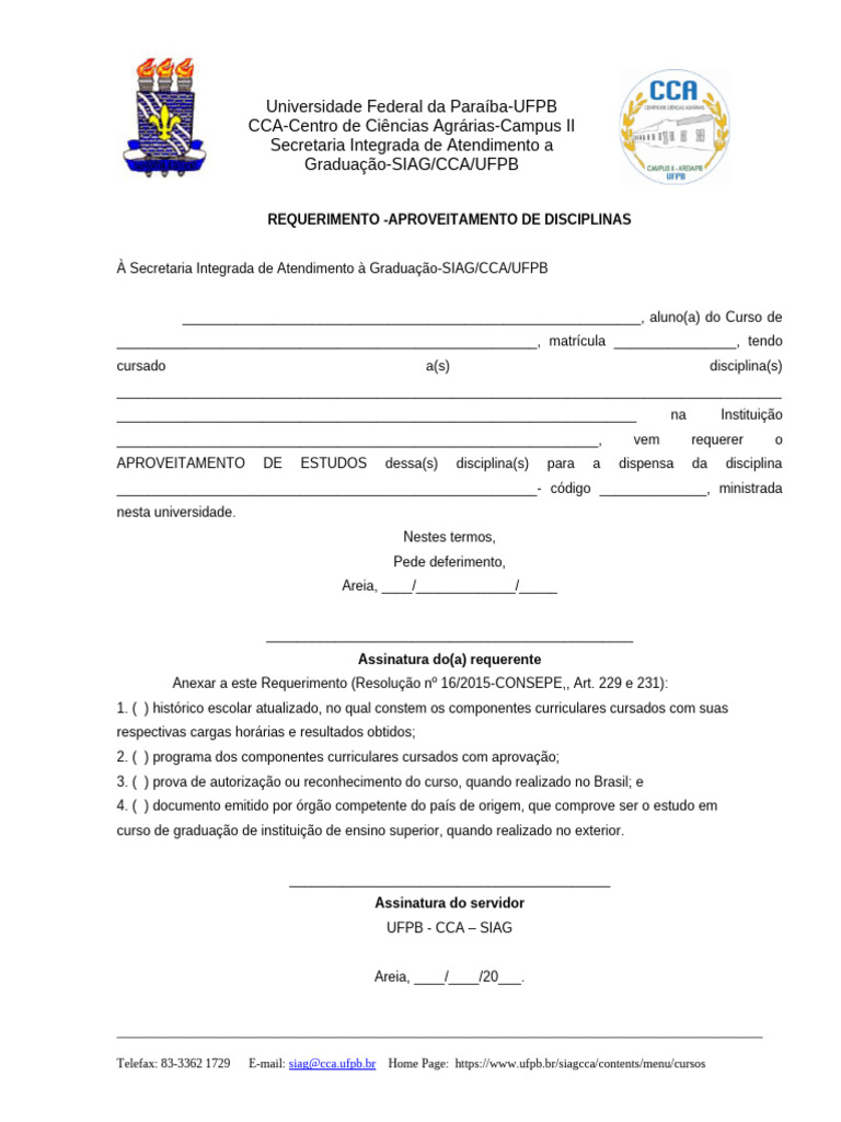 Requerimento de Aproveitamento de Disciplinas UFPB | PDF