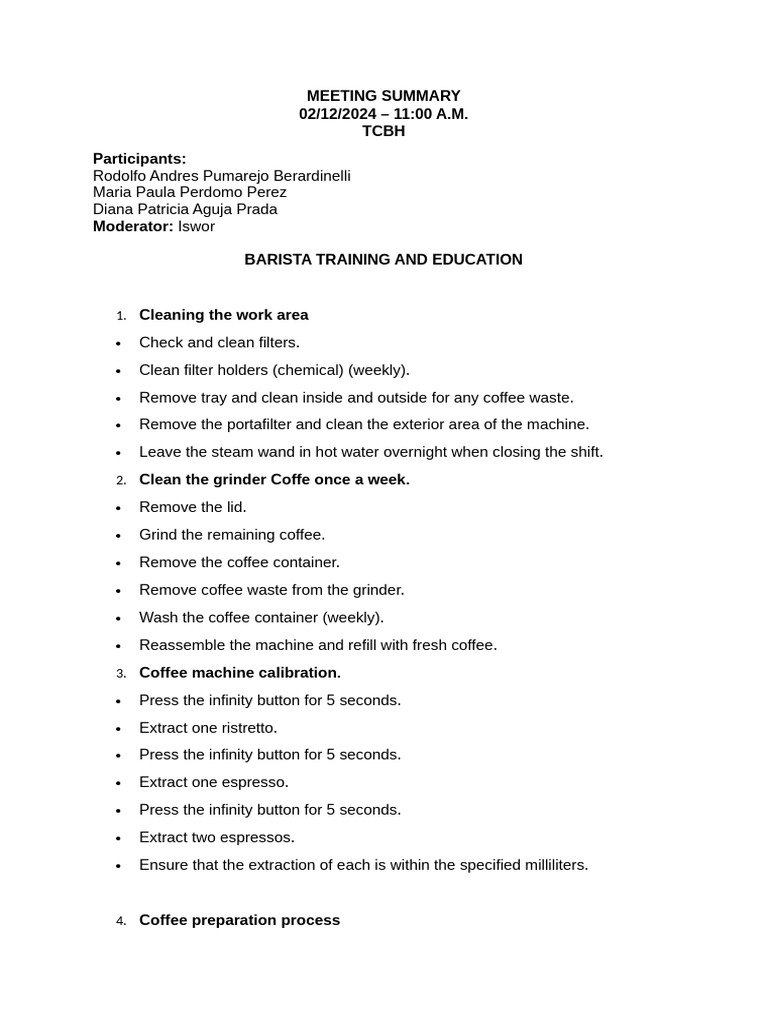 Barista Training Meeting Summary | PDF