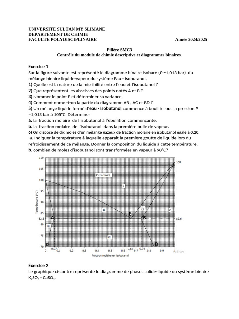 Contrôle de chimie descriptive 2024/2025 | PDF | Diagramme de phase ...