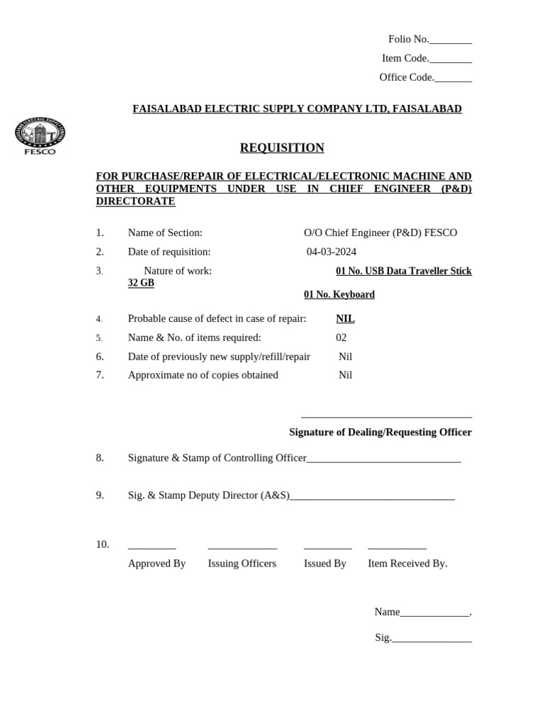 FESCO Equipment Purchase/Requisition Form | PDF | Computing | Computer ...