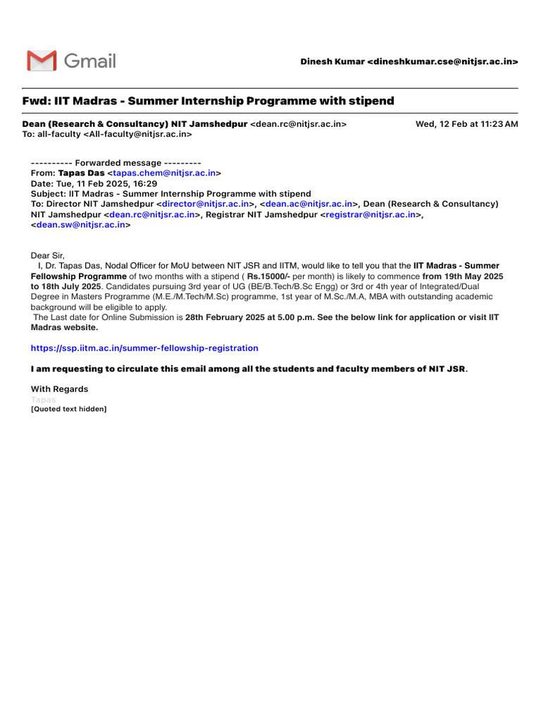 IIT Madras Summer Internship 2025 Details | PDF