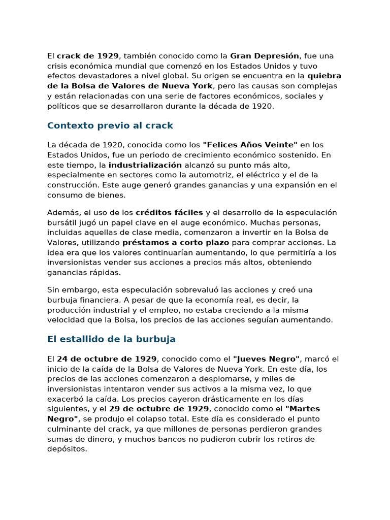 Causas y consecuencias del crack de 1929 | PDF | Gran depresion ...