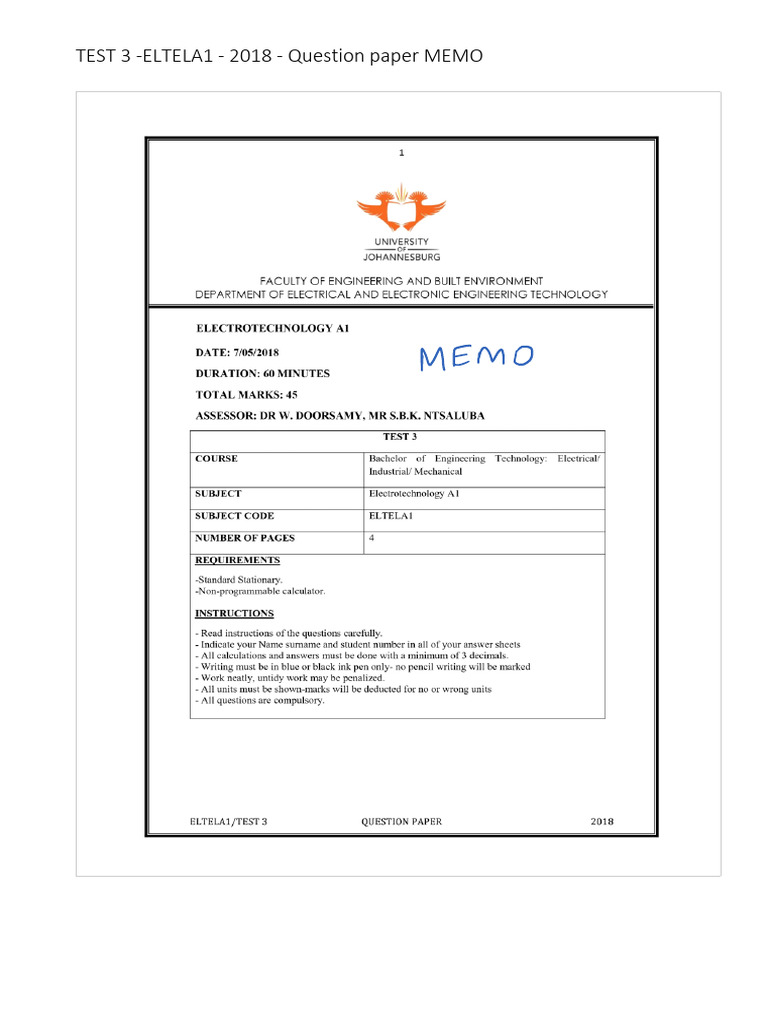 Semester Test 3 2018 Memo | PDF