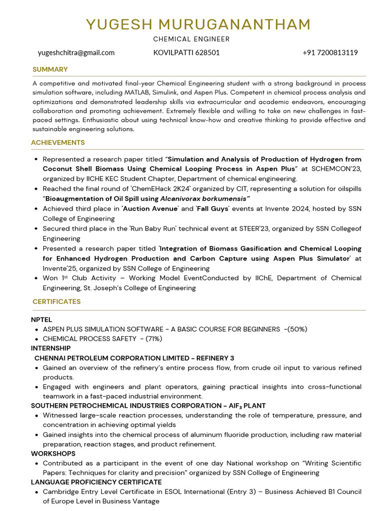 Chemical Engineer Resume Overview | PDF | Engineering | Oil Refinery