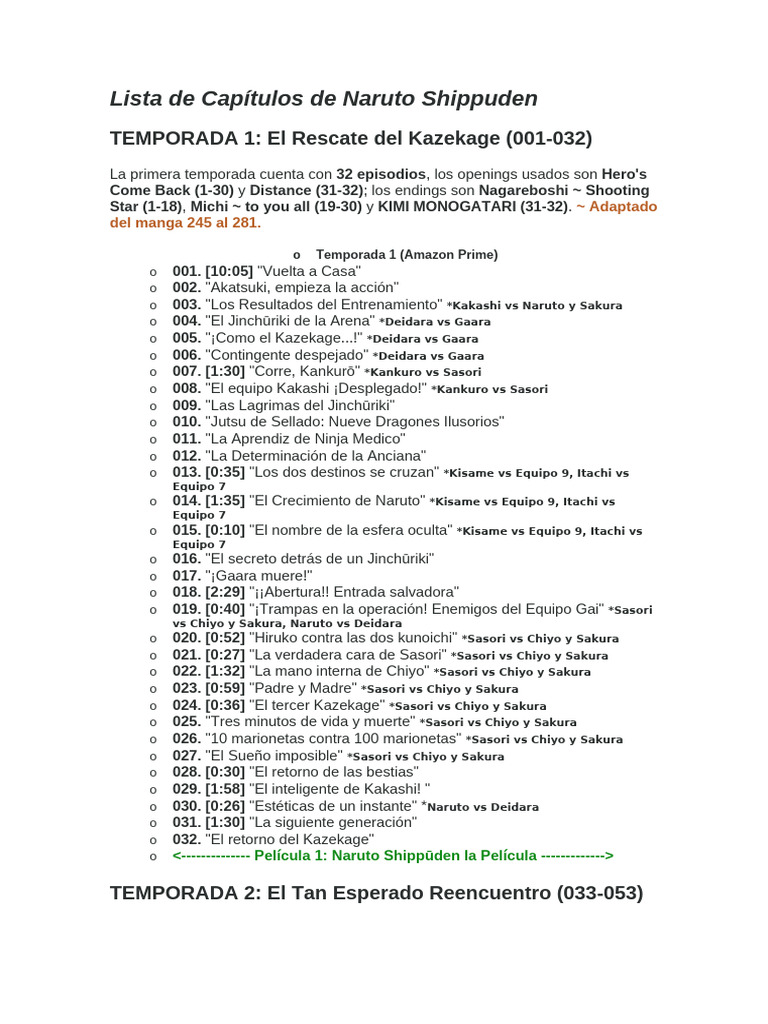 Lista de Episodios de Naruto Shippuden | PDF | Obras sobre niños ...