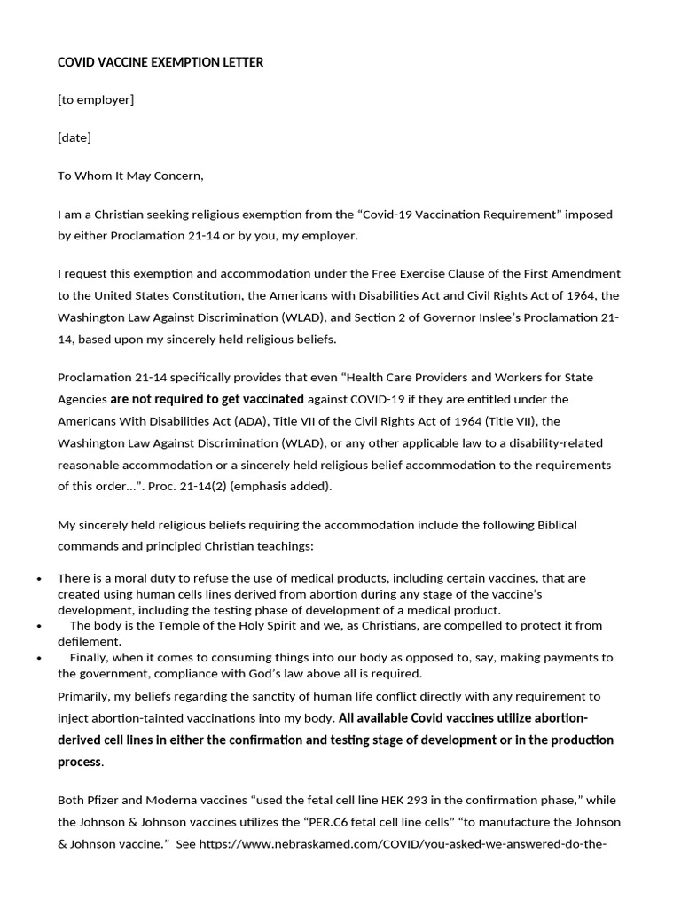 Religious Exemption Letter for COVID Vaccine | PDF | Civil Rights Act ...