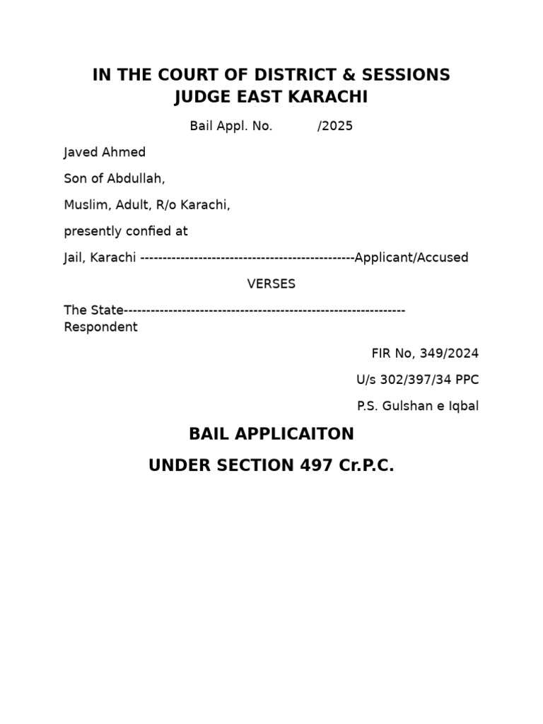 Bail Application for Javed Ahmed in Karachi | PDF