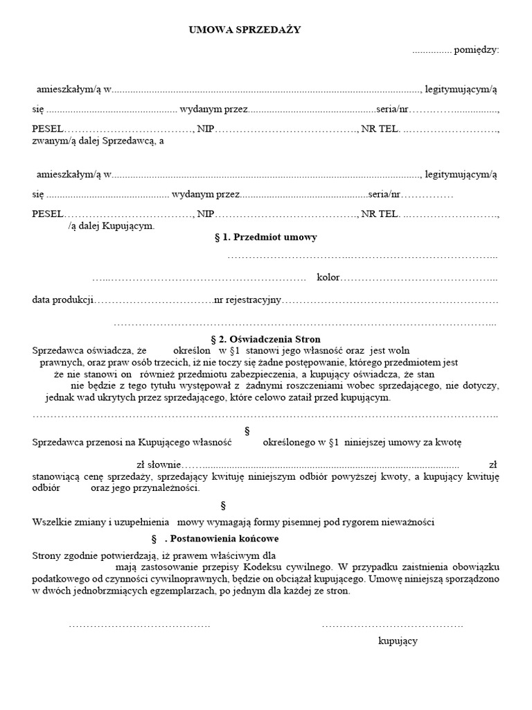 Umowa Kupna Sprzedazy Quada Wzor | PDF