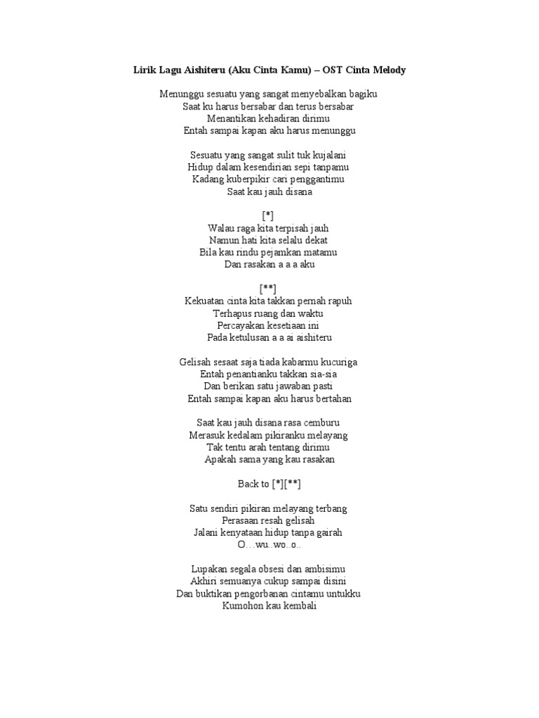 Lirik Lagu Aishiteru Aku Cinta Kamu Ost Cinta Melody Menunggu Sesuatu Yang Sangat Menyebalkan Bagiku