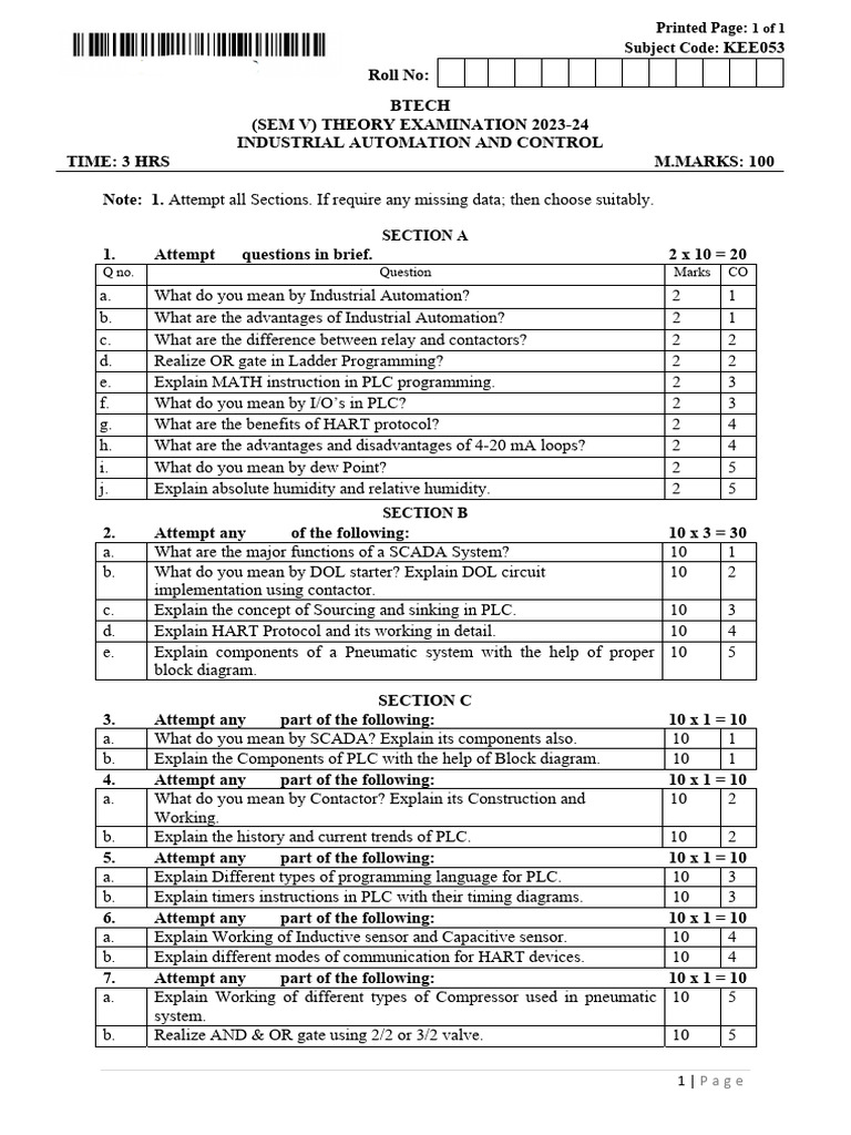 Industrial Automation Exam Questions | PDF | Programmable Logic ...