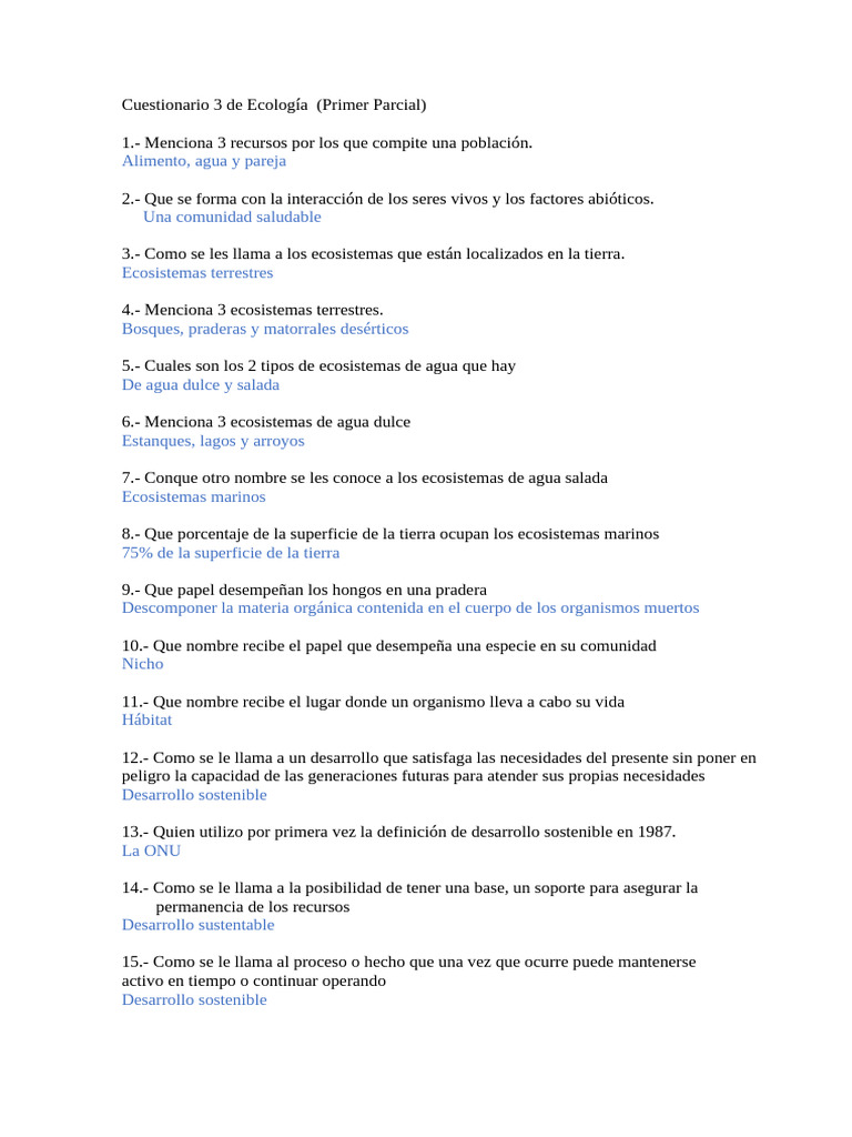 Cuestionario de Ecología y Sostenibilidad | PDF | Sustentabilidad ...