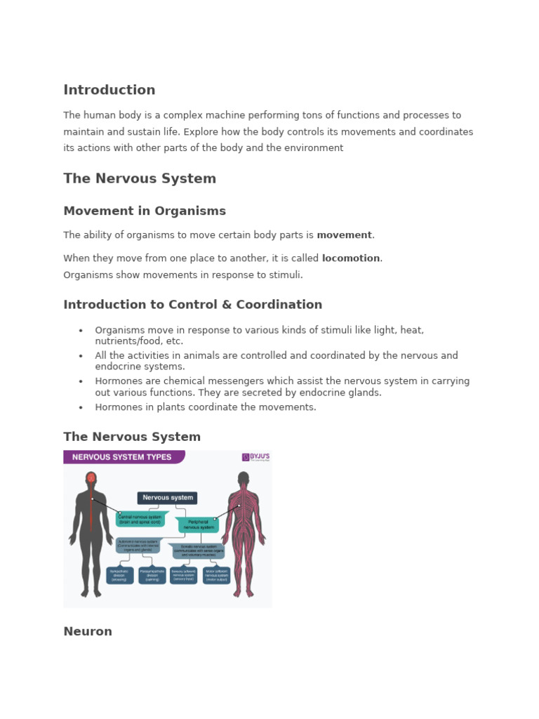 Control and Coordination in Organisms | PDF | Autonomic Nervous System ...