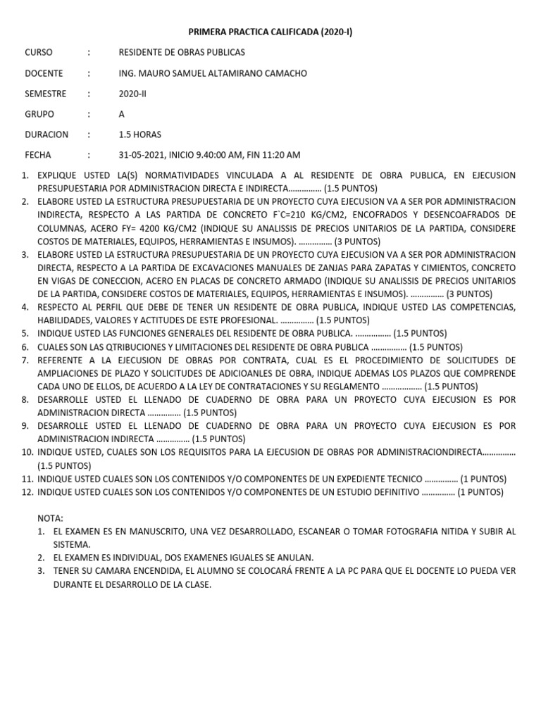 Práctica Calificada: Residente de Obras Públicas | PDF
